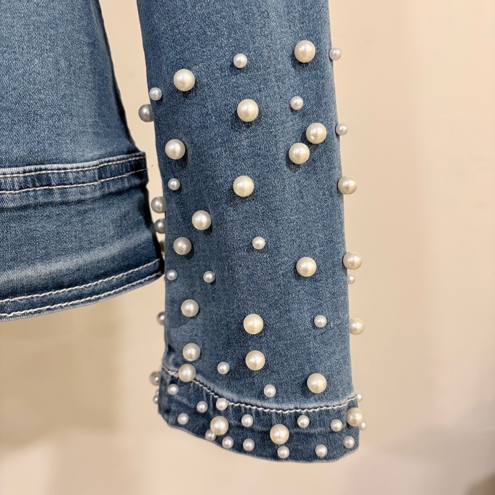 Glam Vintage Pearl Chic Denim Jean Stretchy Jacket Feminine Western Y2K Large - Picture 3 of 15